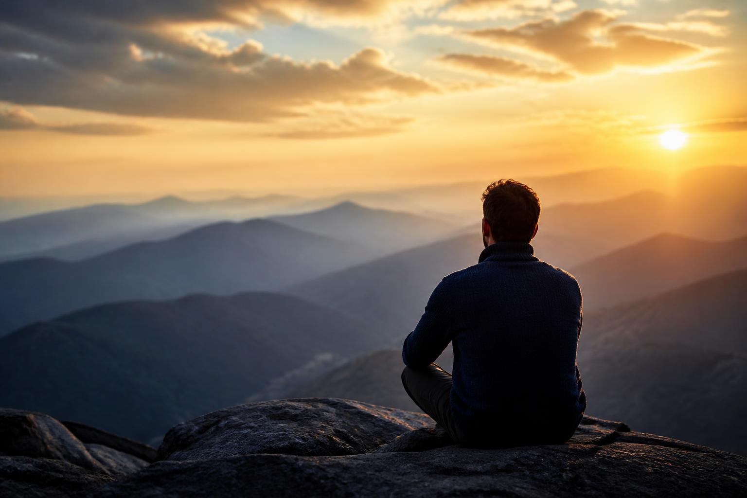 Homem sentado no alto de uma montanha contemplando o nascer do sol